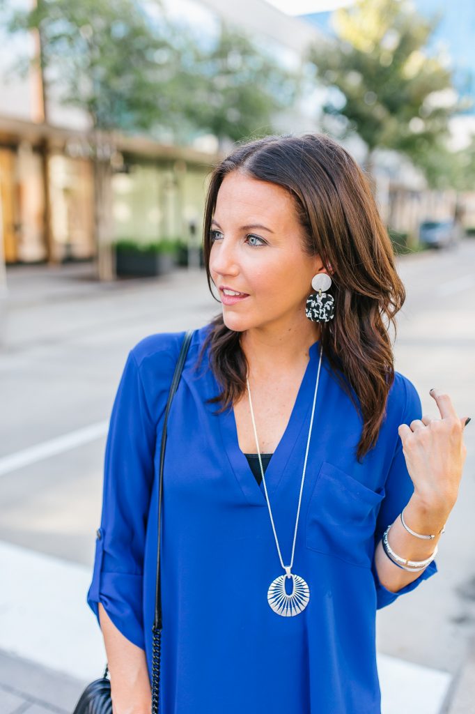 casual weekend outfit | black white statement earrings | long silver necklace | Texas Fashion Blog Lady in Violet