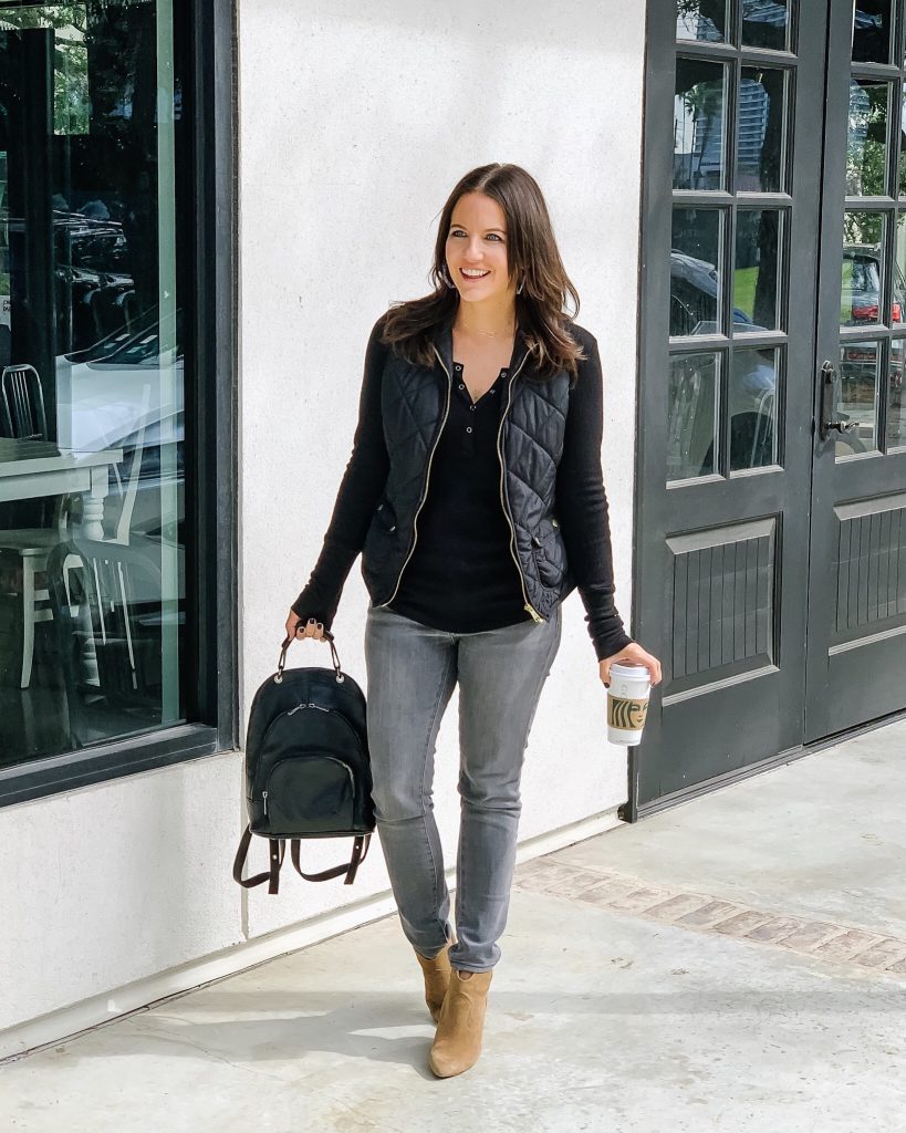 fall outfit | black puffer vest layered over thermal henley top | Popular Fashion Blog Lady in Violet