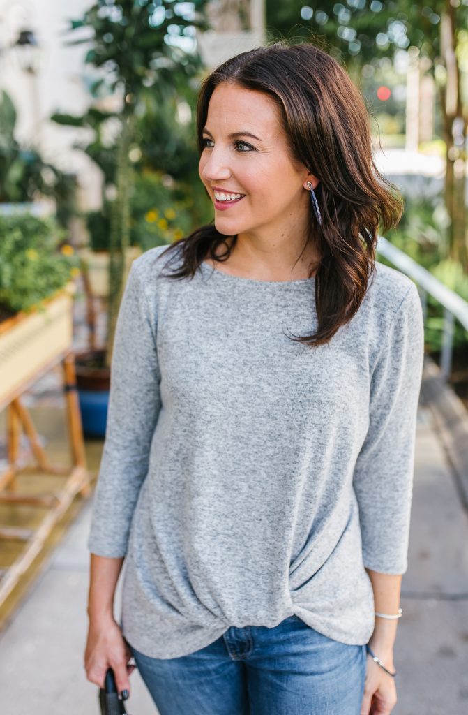 fall weekend outfit | gray tie waist top | hoop statement earrings | Southern Style Blog Lady in Violet