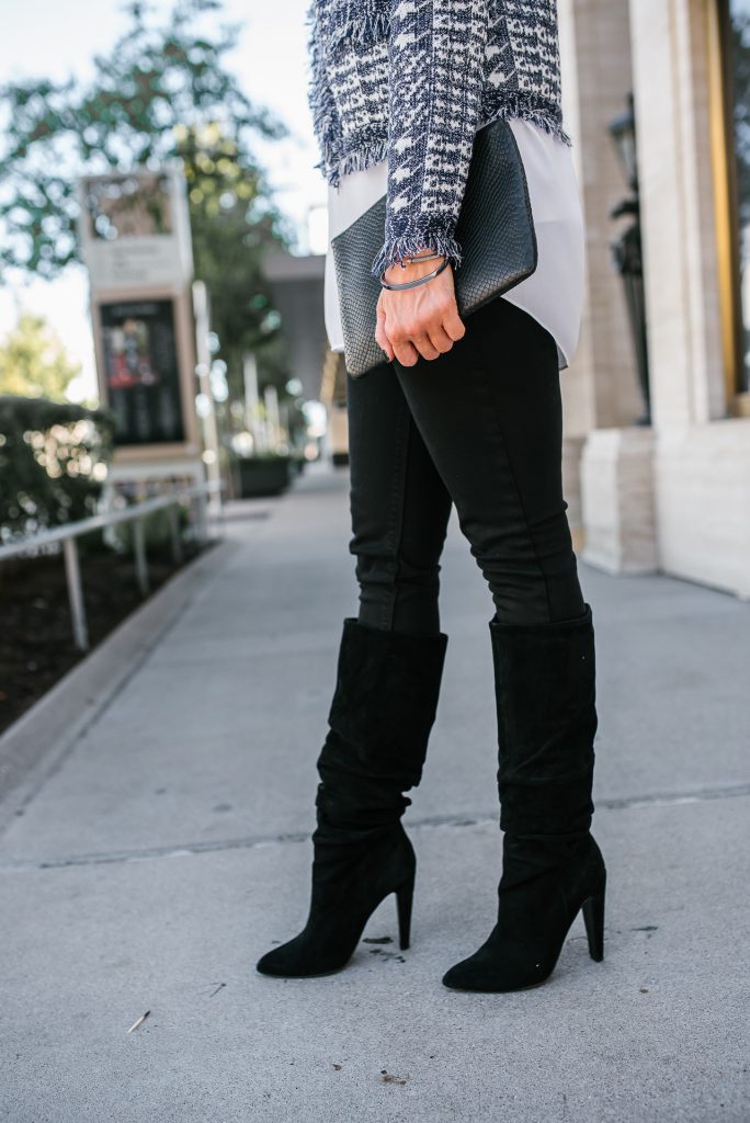 winter outfit | black skinny jeans | suede slouch boots | Budget Friendly Fashion Blog Lady in Violet