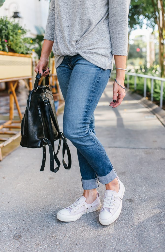 cute errand running outfit | cuffed blue denim | pink converse shoes | Casual Fashion Blog Lady in Violet