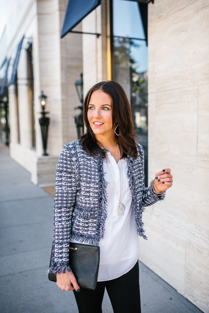 fall outfit | blue crop tweed jacket | silver long pendant necklace | Southern Style Blog Lady in Violet