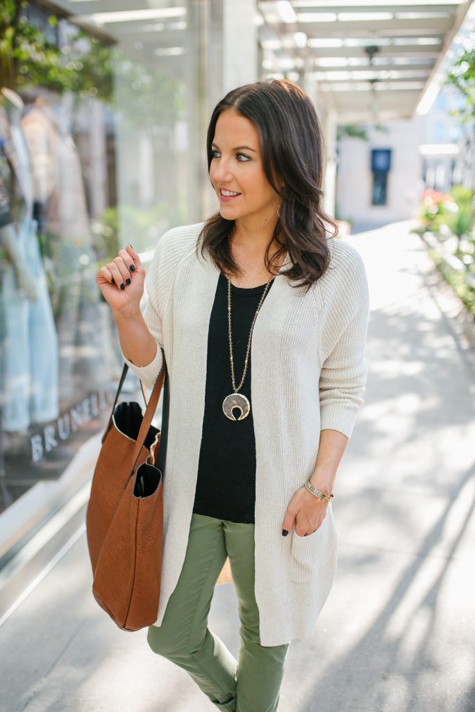 fall outfit | light beige cardigan | brown tote bag | Southern Fashion Blog Lady in Violet