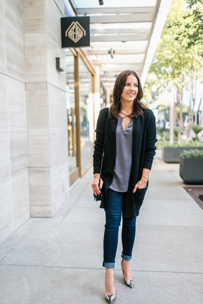 fall outfit | long black cardigan | dark wash jeans | Casual Fashion Blog Lady in Violet