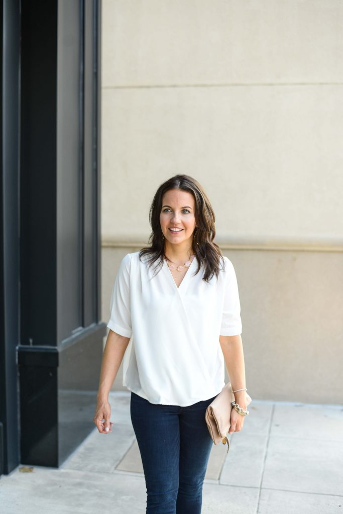 fall outfit | white wrap silk blouse | light pink statement necklace | Texas Fashion Blog Lady in Violet