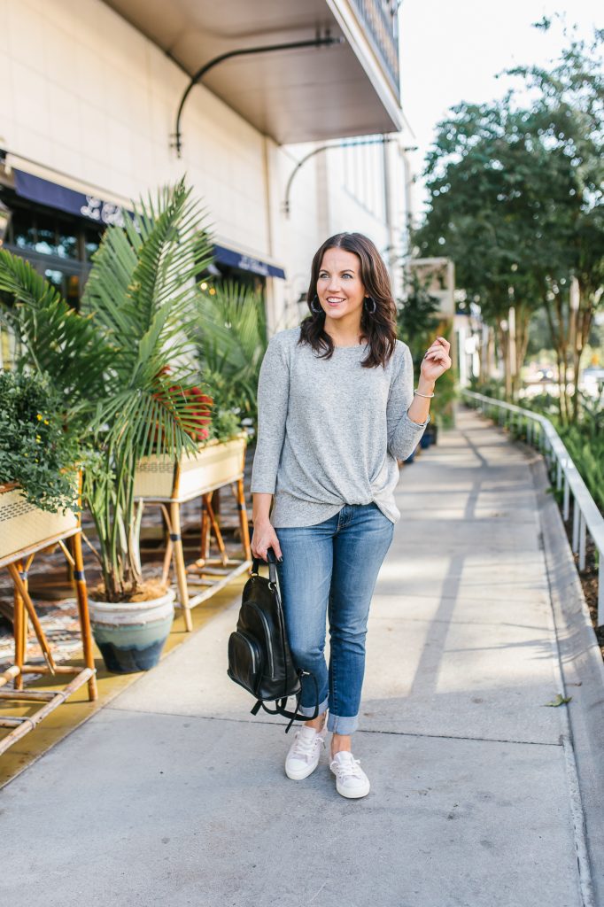fall outfit idea | light gray top | blue cuffed jeans | Texas Fashion Blogger Lady in Violet
