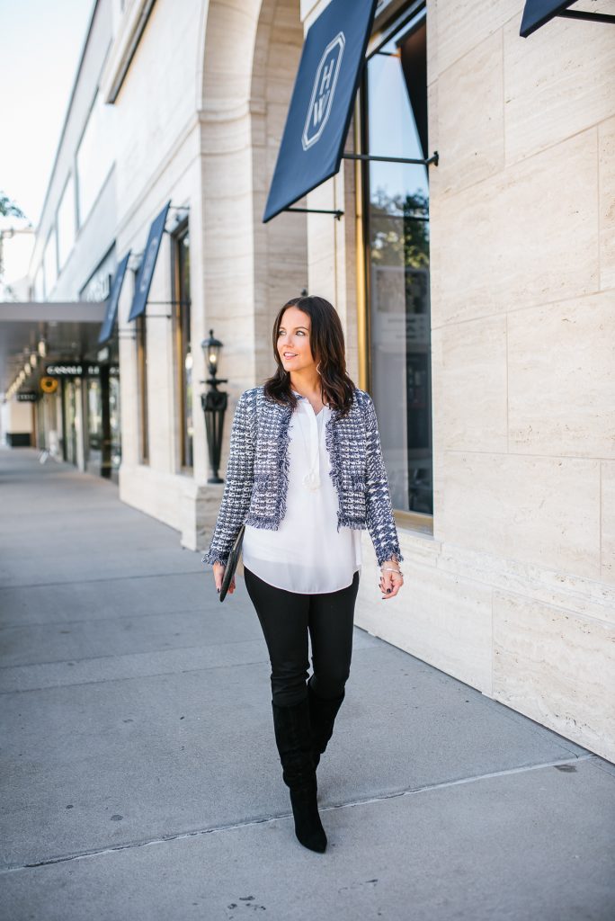 holiday outfit | navy cropped jacket | black boots | Everyday Fashion Blog Lady in Violet