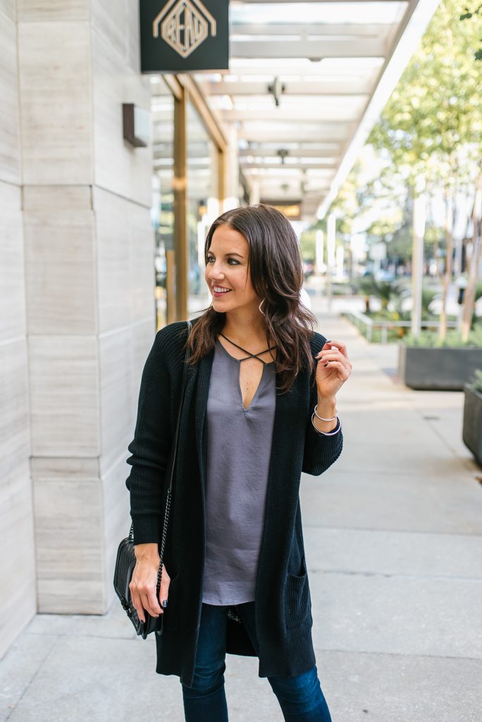 layered fall outfit | long black cardigan over gray satin top | Everyday Fashion Blog Lady in Violet