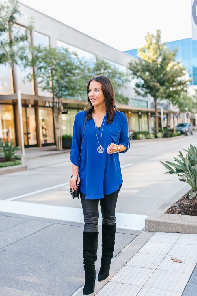 semi casual fall outfit | blue tunic top | faux leather leggings | Popular Fashion Blog Lady in Violet