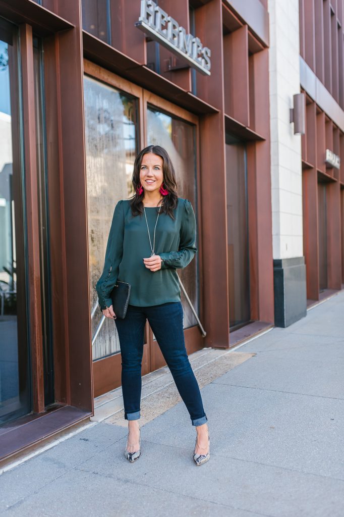 thanksgiving outfit | long sleeve green top | dark blue skinny jeans | Southern Style Blog Lady in Violet