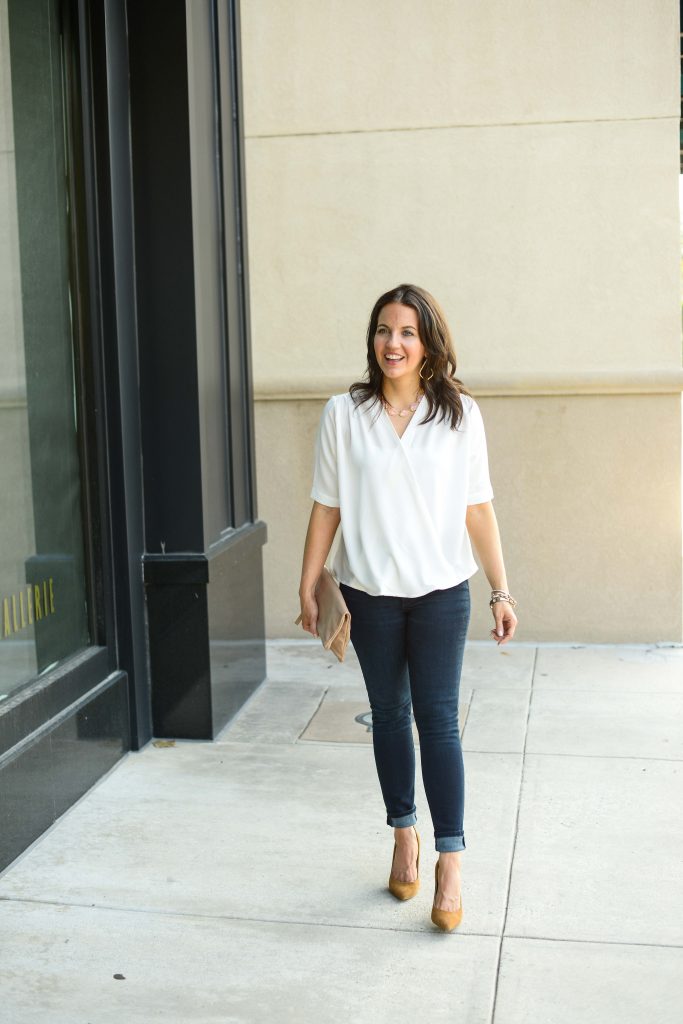 dressy casual outfit | short sleeve white wrap blouse | dark wash high waist denim | Southern Style Blog Lady in Violet