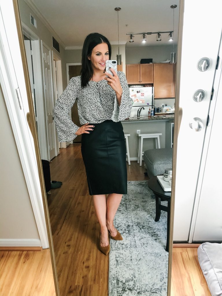 work cocktail party | bell sleeve top | leather pencil skirt | Love this Fashion Blog - Lady in Violet