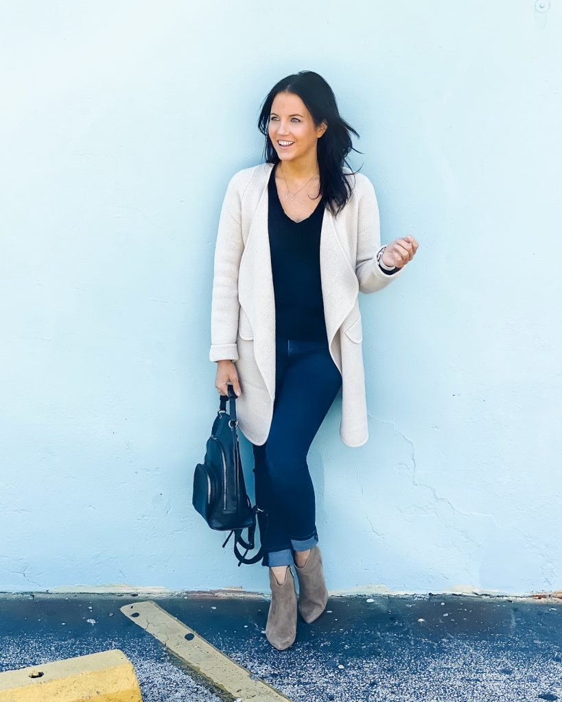 fall outfit | beige draped long cardigan | suede booties | Affordable Fashion Blog Lady in Violet