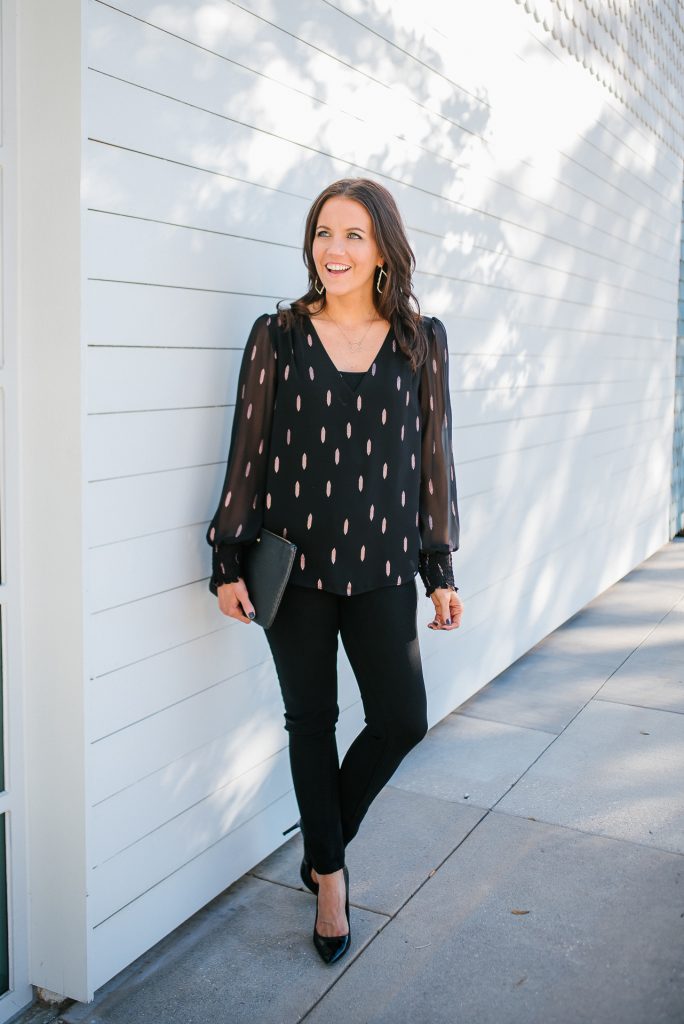 holiday outfit | metallic detail top | black skinny jeans | Affordable Fashion Blog Lady in Violet