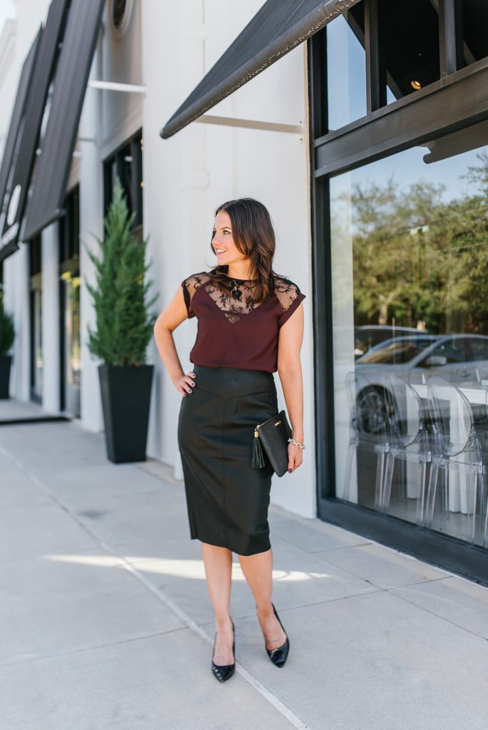 office holiday party outfit | lace top | leather pencil skirt | Affordable Fashion Blog Lady in Violet