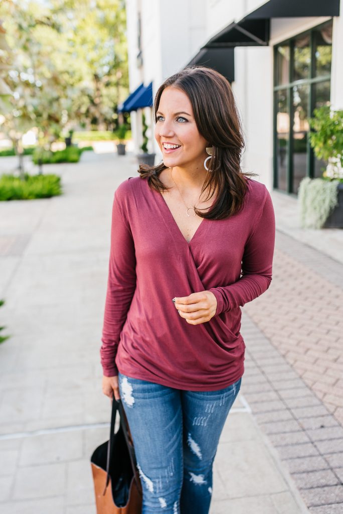 casual fall outfit | dark rose long sleeve top | short gold necklace | Houston Fashion Blogger Lady in Violet