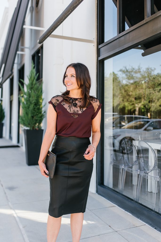 Burgundy leather skirt 2024 going out outfit