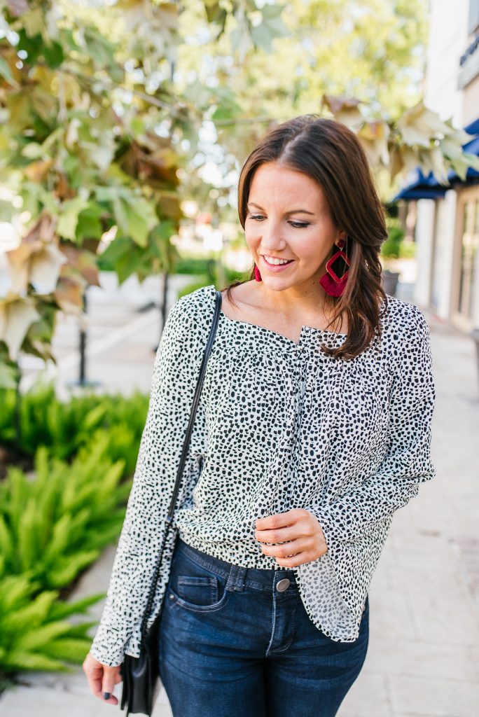 fall outfit | bell sleeve polka dot top | red fringe earrings | Houston Fashion Blogger Lady in Violet