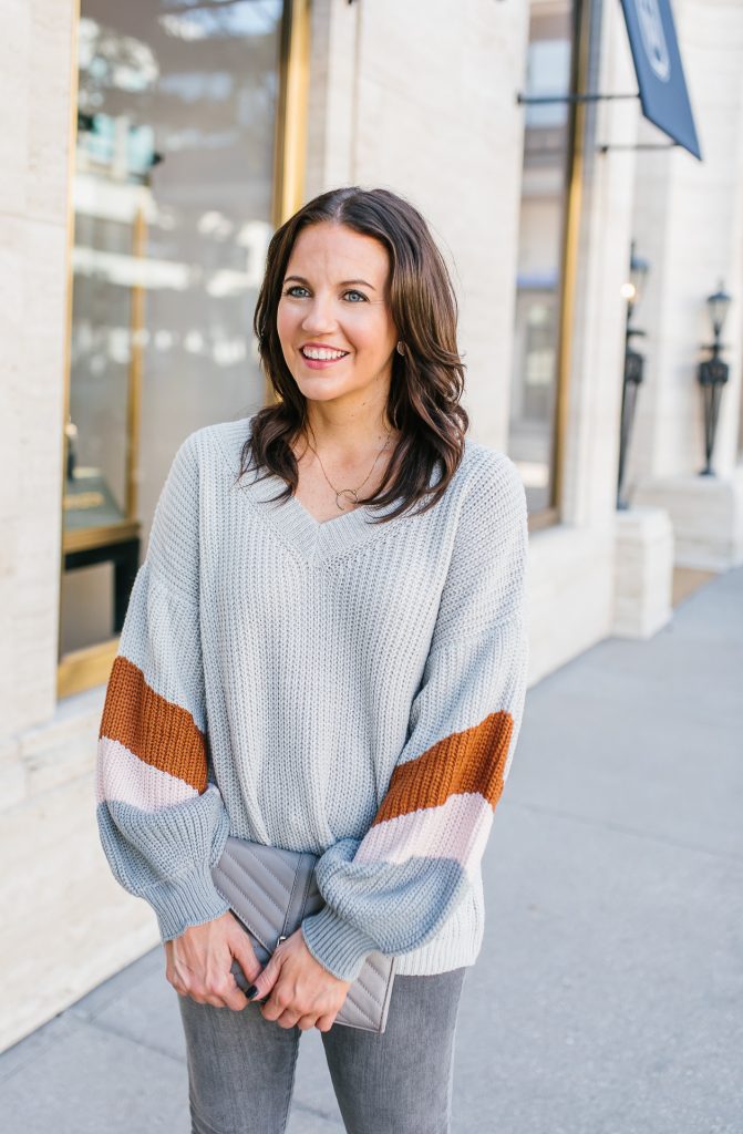 fall outfit | gray oversized sweater | brown and gray color combo | Houston Fashion Blog Lady in Violet