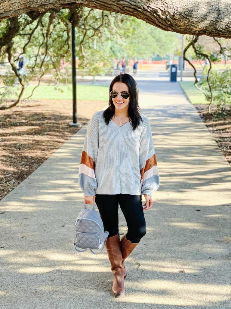 fall outfit | oversized gray sweater | brown tall boots | Everyday Fashion Blog Lady in Violet