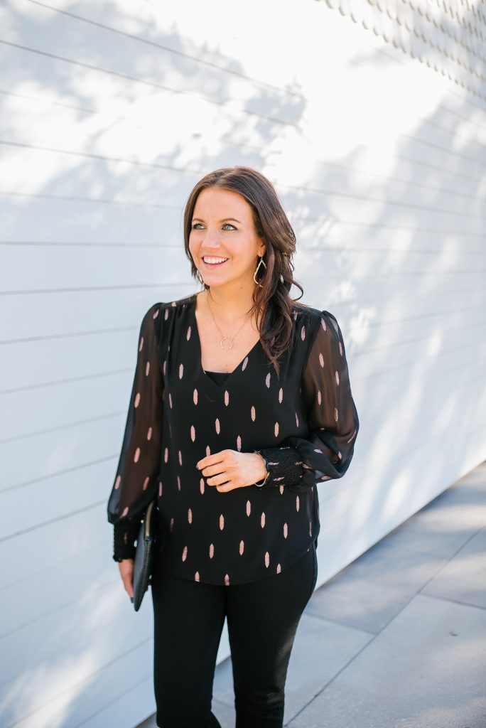 party outfit | black metallic blouse | gold necklace | Petite Fashion Blog Lady in Violet