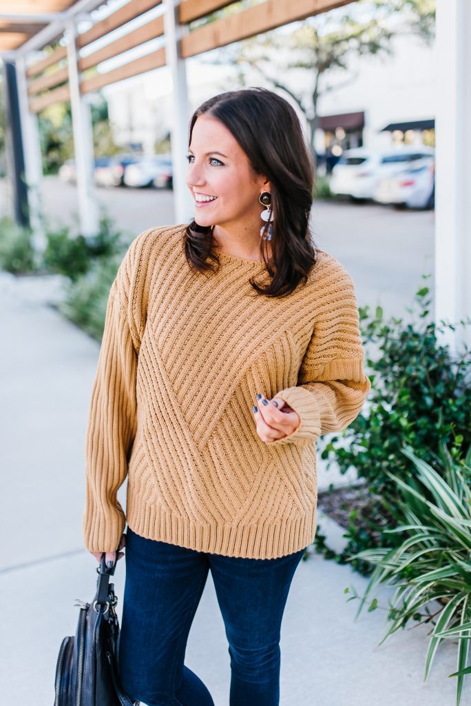 thanksgiving outfit | comfy brown sweater | tortoise statement earrings | Houston Fashion Blogger Lady in Violet