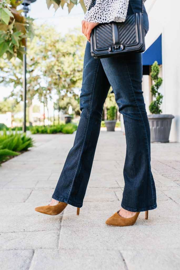 casual fall outfit | dark blue bootcut jeans | tan suede heels | Texas Fashion Blog Lady in Violet