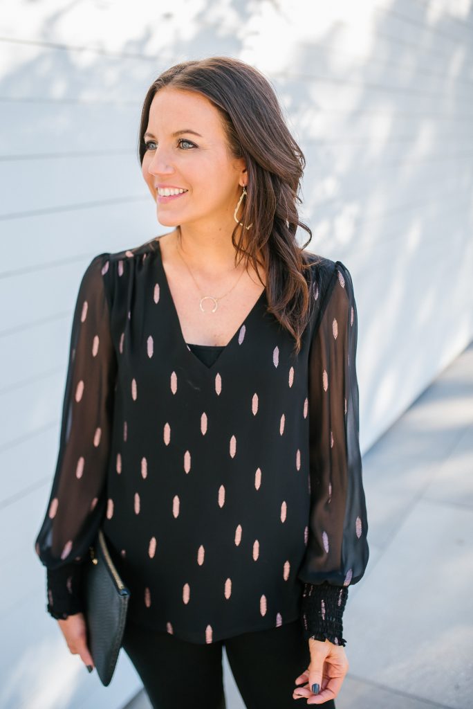 fall outfit | black sheer sleeve top | gold earrings | Houston Fashion Blogger Lady in Violet