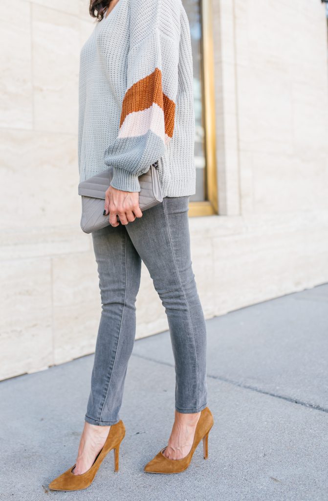 winter outfit | gray skinny jeans | brown suede heels | Petite Fashion Blog Lady in Violet