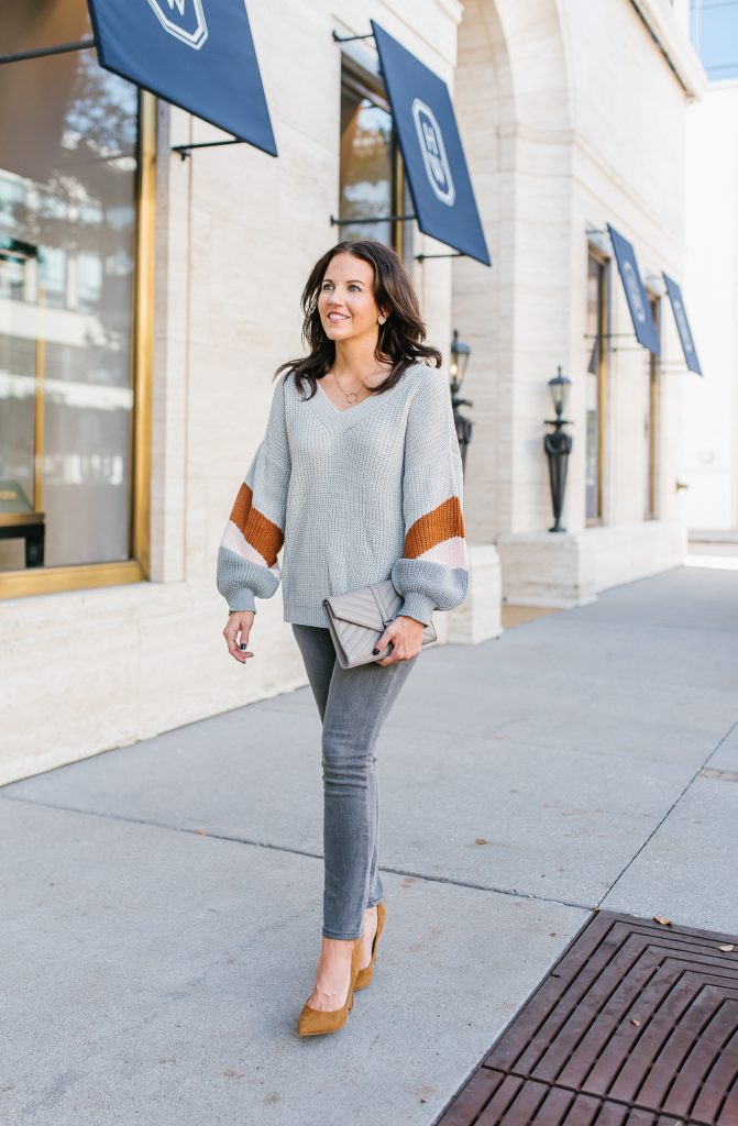 casual winter outfit | gray cozy sweater | brown heels | Texas Fashion Blog Lady in Violet