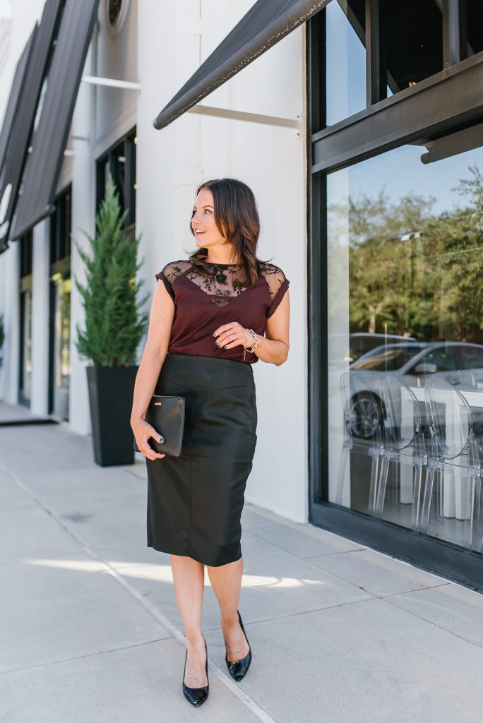 Burgundy leather pencil outlet skirt outfit