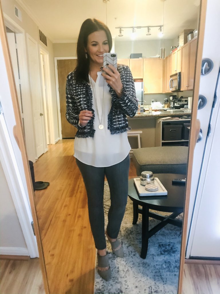 fall outfit | cropped tweed jacket | gray jeans | Casual Fashion Blog Lady in Violet