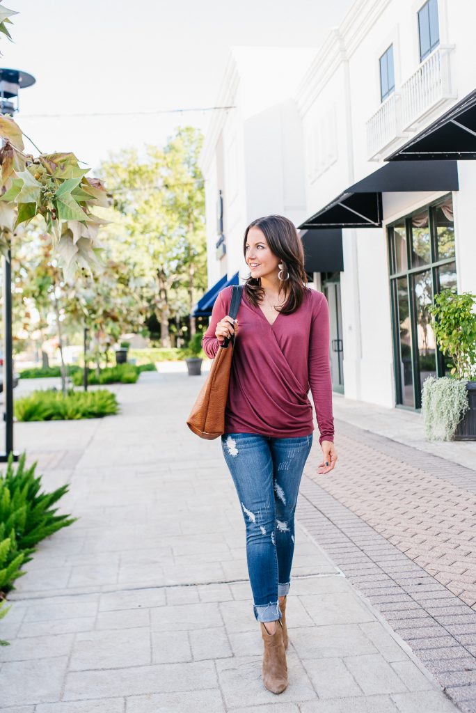 fall outfit | long sleeve wrap top | brown suede booties | Casual Fashion Blog Lady in Violet