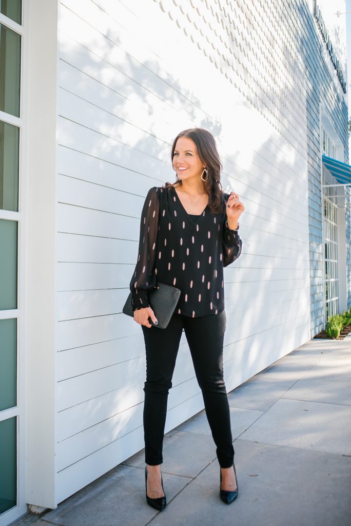 holiday party outfit | metallic blouse | black patent heels | Casual Fashion Blog Lady in Violet