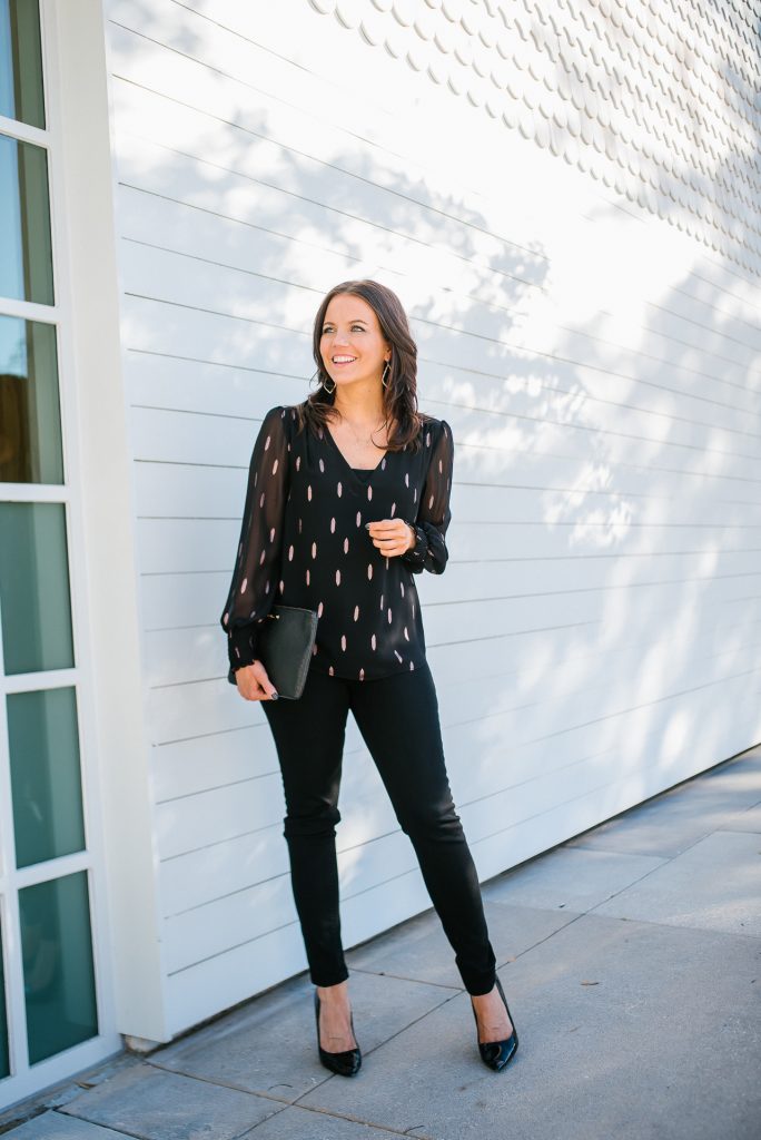 NYE outfit | black metallic sheer sleeve top | black denim | Favorite Fashion Blog Lady in Violet