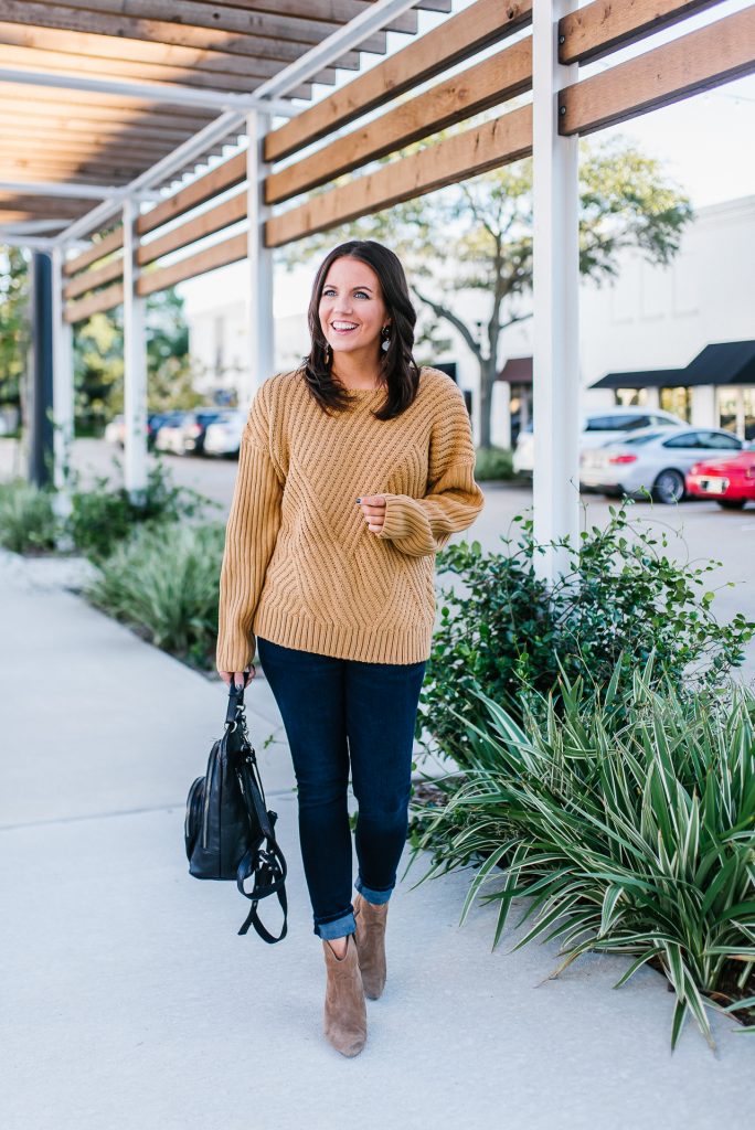 casual fall outfit | tan brown sweater | dark blue cuffed denim | Everyday Fashion Blog Lady in Violet