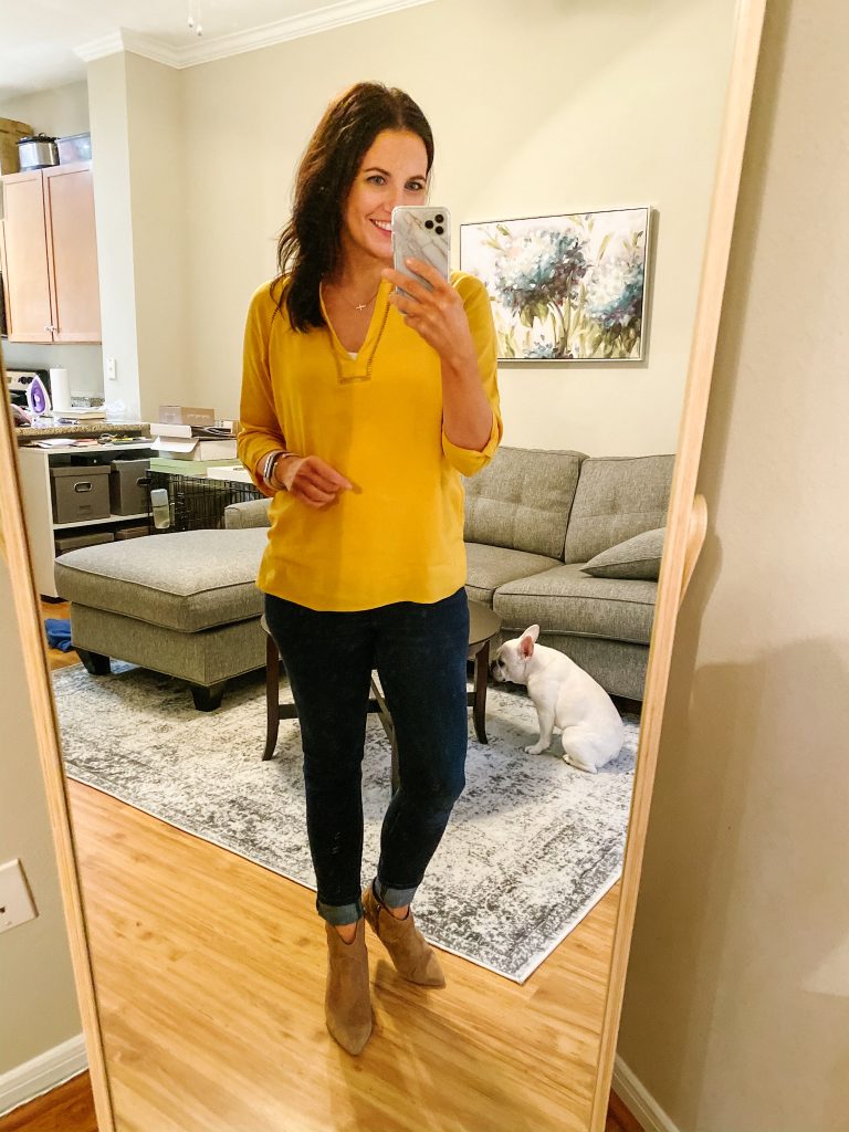 casual fall outfit | yellow top | brown booties | Budget Friendly Fashion Blog Lady in Violet