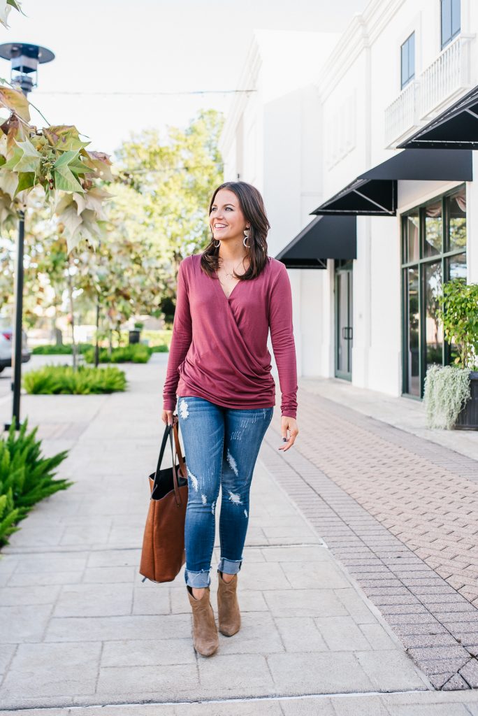 casual weekend outfit | dark pink long sleeve top | distressed denim | Everyday Fashion Blog Lady in Violet