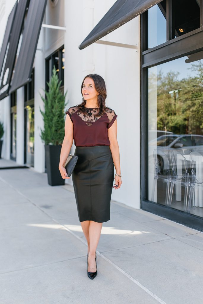 office christmas party outfit | lace blouse | leather skirt under 50 | Texas Fashion Blog Lady in Violet