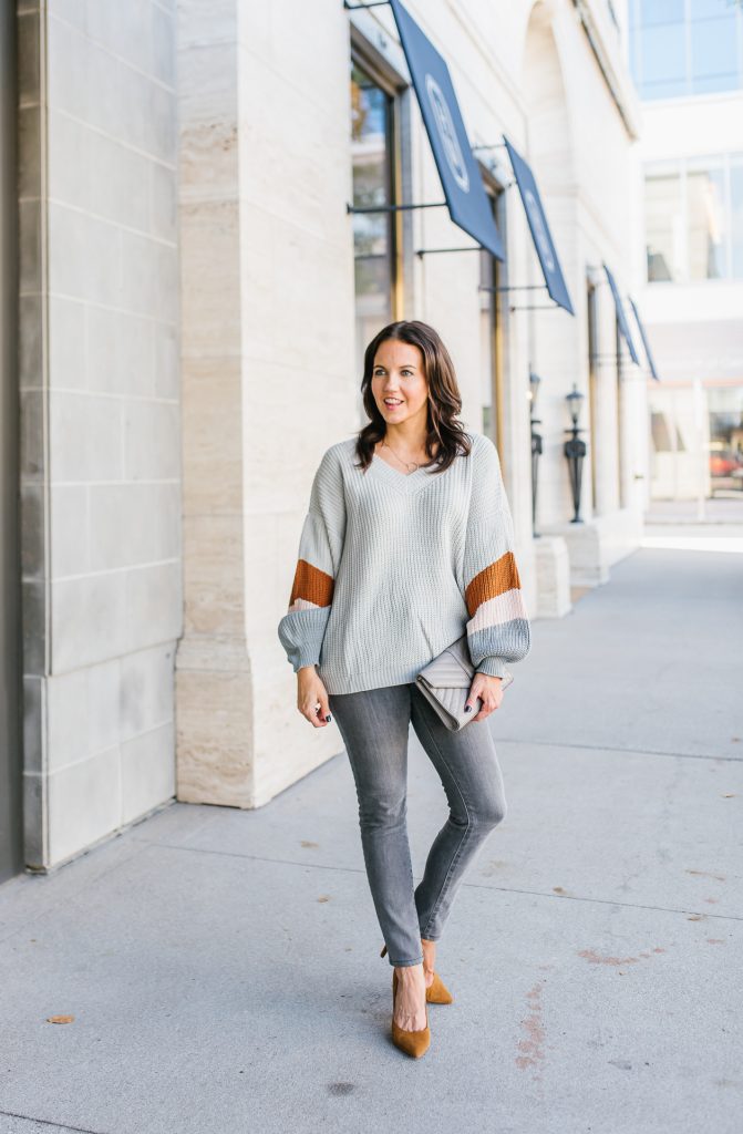 winter outfit | light gray sweater | grey skinny jeans | Southern Style Blog Lady in Violet