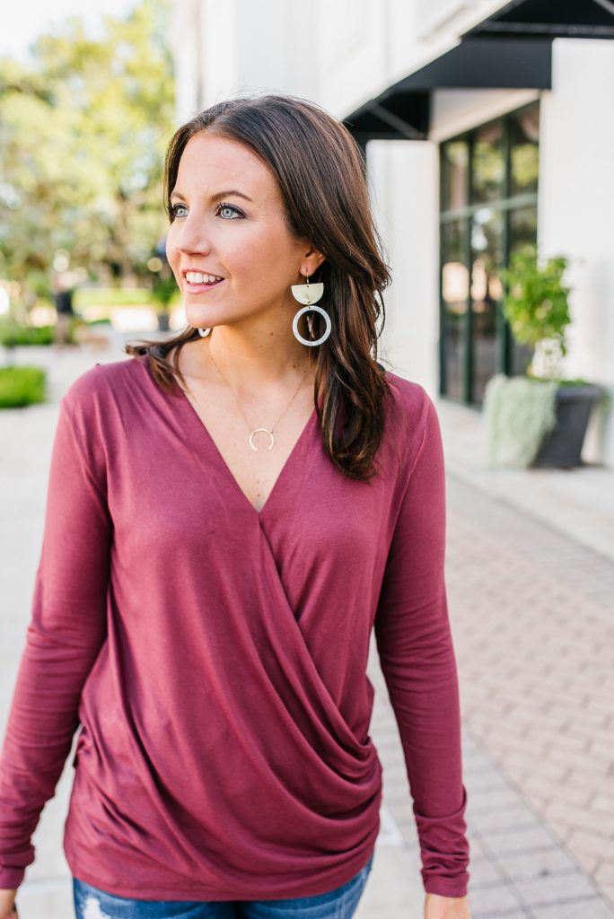 casual fall outfit | dark pink vneck top | bourbon and bowties earrings | Texas Fashion Blog Lady in Violet