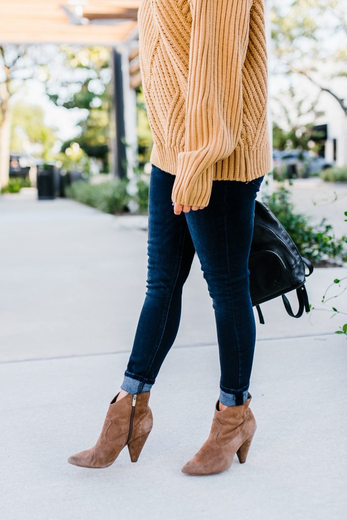 casual winter outfit | dark blue cuffed skinny jeans | brown suede booties | Southern Style Blog Lady in Violet