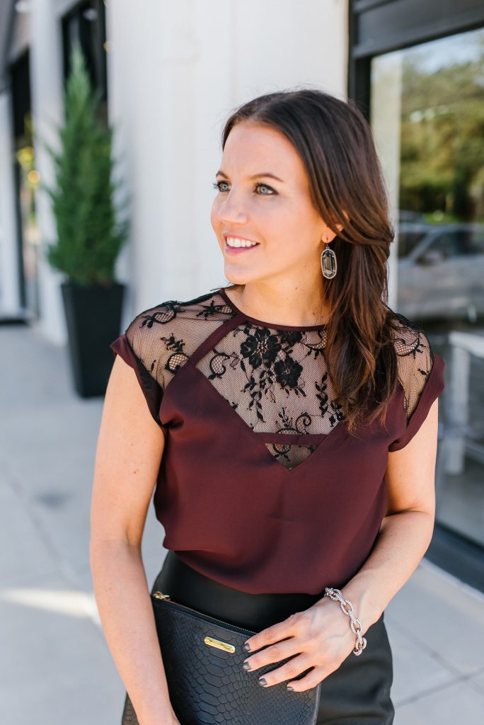 cocktail party outfit | lace burgundy top | black stone earrings | Everyday Fashion Blog Lady in Violet