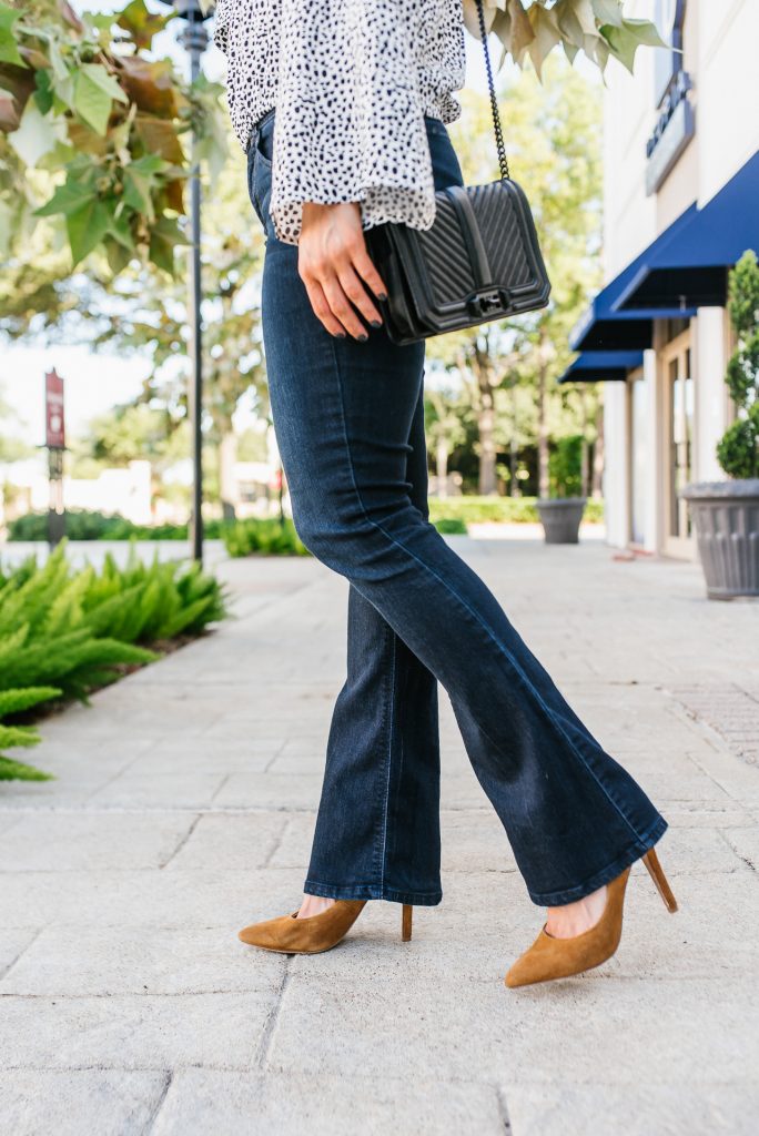 flared bootcut jeans for short height | black crossbody bag | Everyday Fashion Blog Lady in Violet