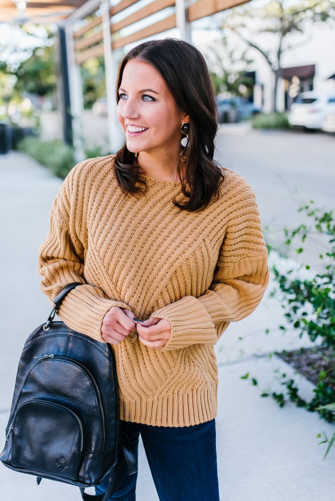 casual weekend outfit | light brown sweater | black leather backpack purse | Petite Fashion Blog Lady in Violet