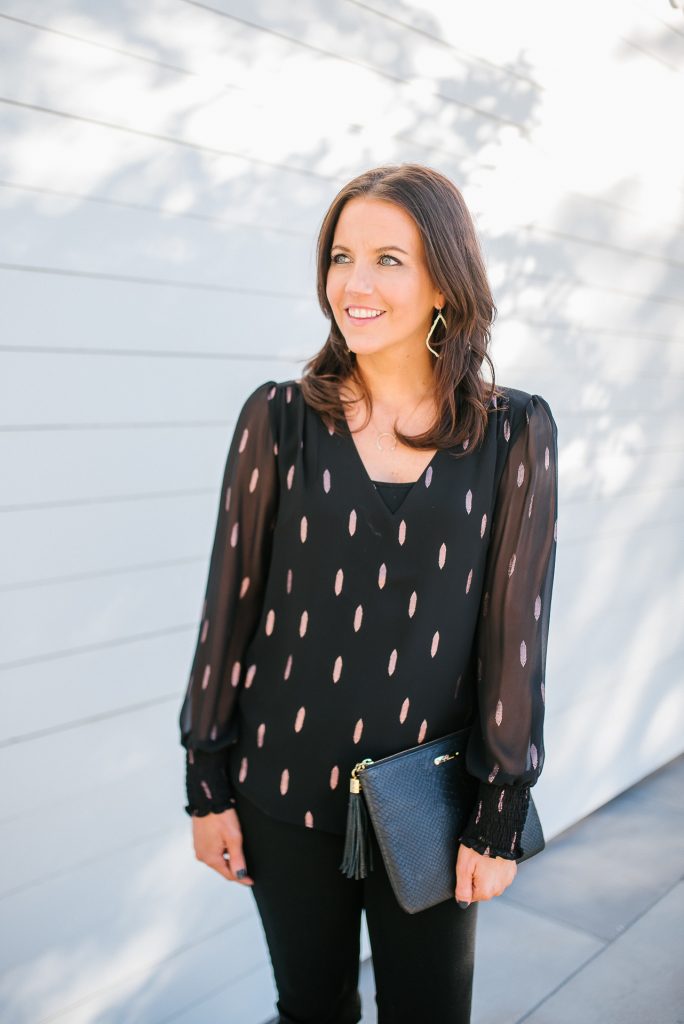 new years eve outfit | metallic details top | black clutch purse | Texas Fashion Blog Lady in Violet