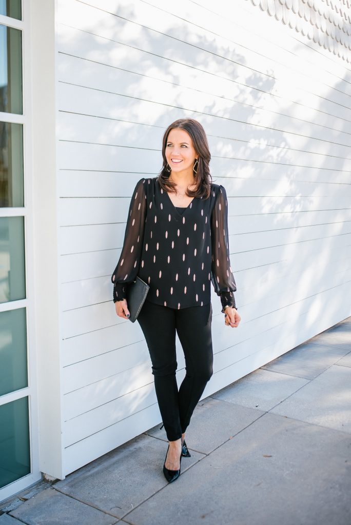 casual holiday party outfit | black metallic blouse | black super skinny jeans | Southern Style Blogger Lady in Violet