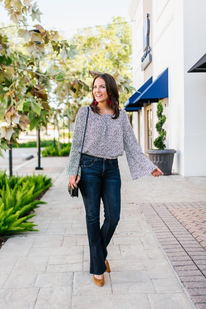 fall outfit | long sleeve banded waist top | dark wash bootcut denim | Casual Fashion Blog Lady in Violet