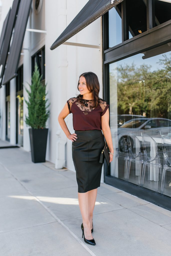 office holiday party outfits | faux leather skirt | lace top | Everyday Fashion Blog Lady in Violet