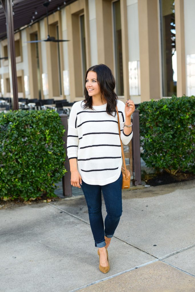 casual outfit | striped tunic sweater | brown heels | Affordable Fashion Blogger Lady in Violet